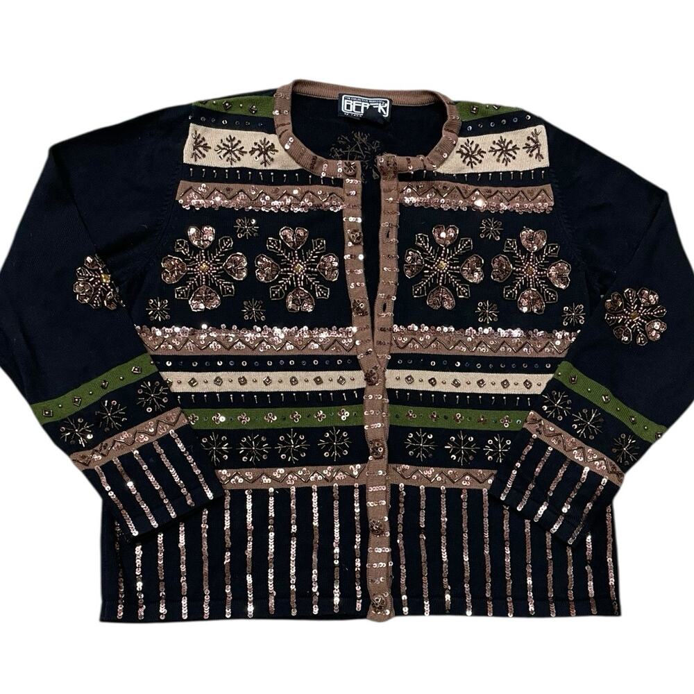 Berek Takako Sakon Vintage 90s Sweater S Black Christmas Beaded Snowflake Rayon